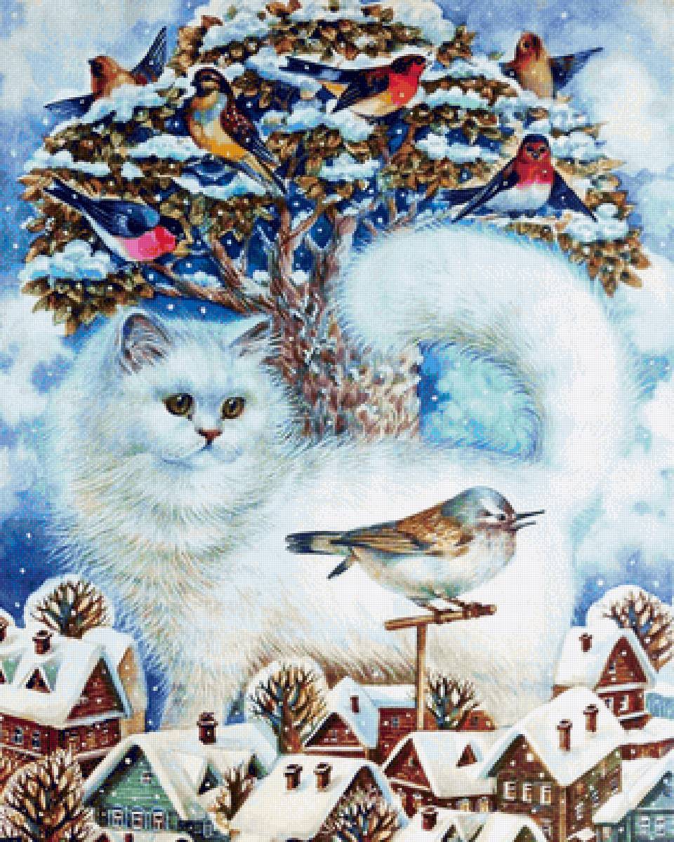 Gato. - animais. ilustração.inverno.cidade. - предпросмотр