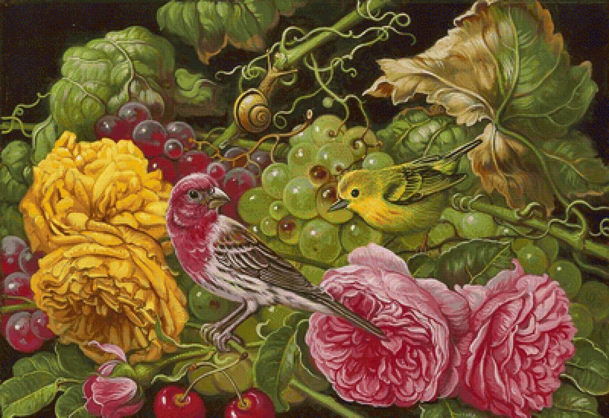 Pássaro e flores. - pássaro, flores.frutas. - предпросмотр