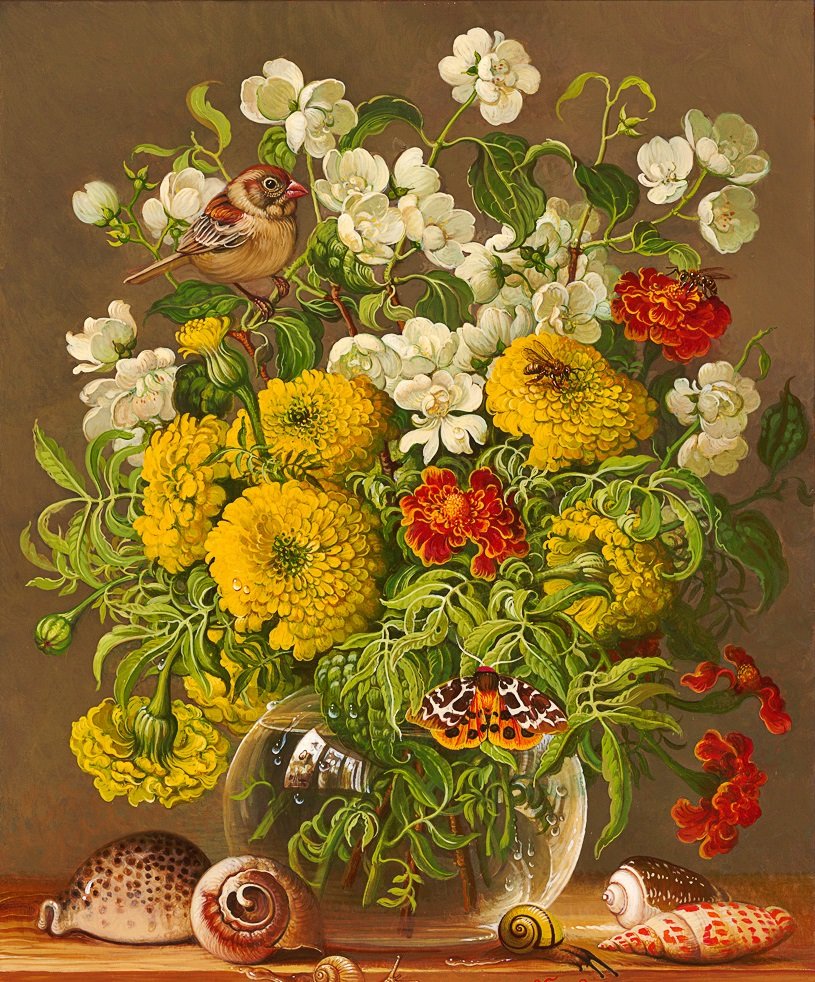 Boque de flores. - flores .borboleta .conchas .pássaros. - оригинал