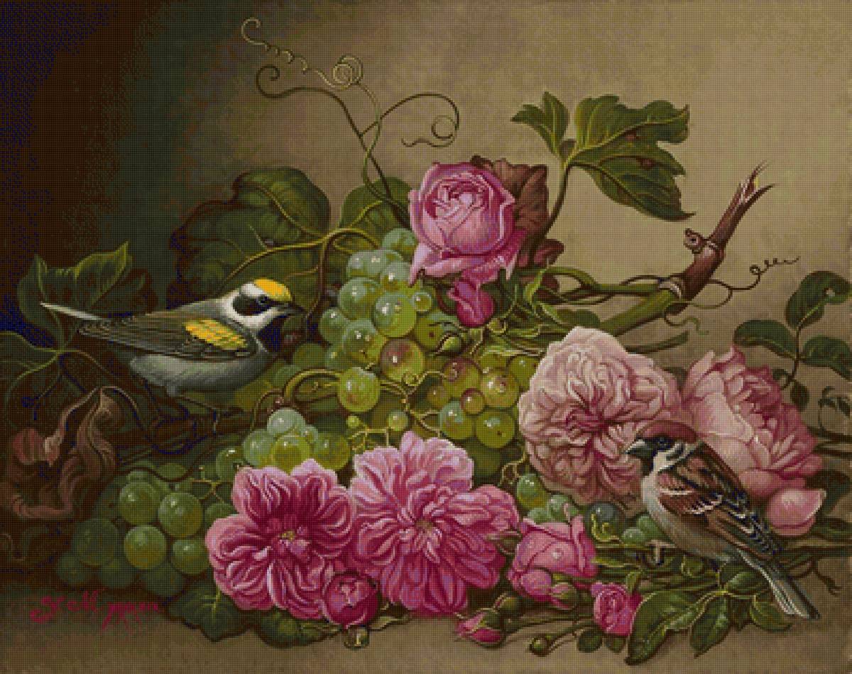 Boque de flores e pássaro. - pássaro, flores.frutas. - предпросмотр