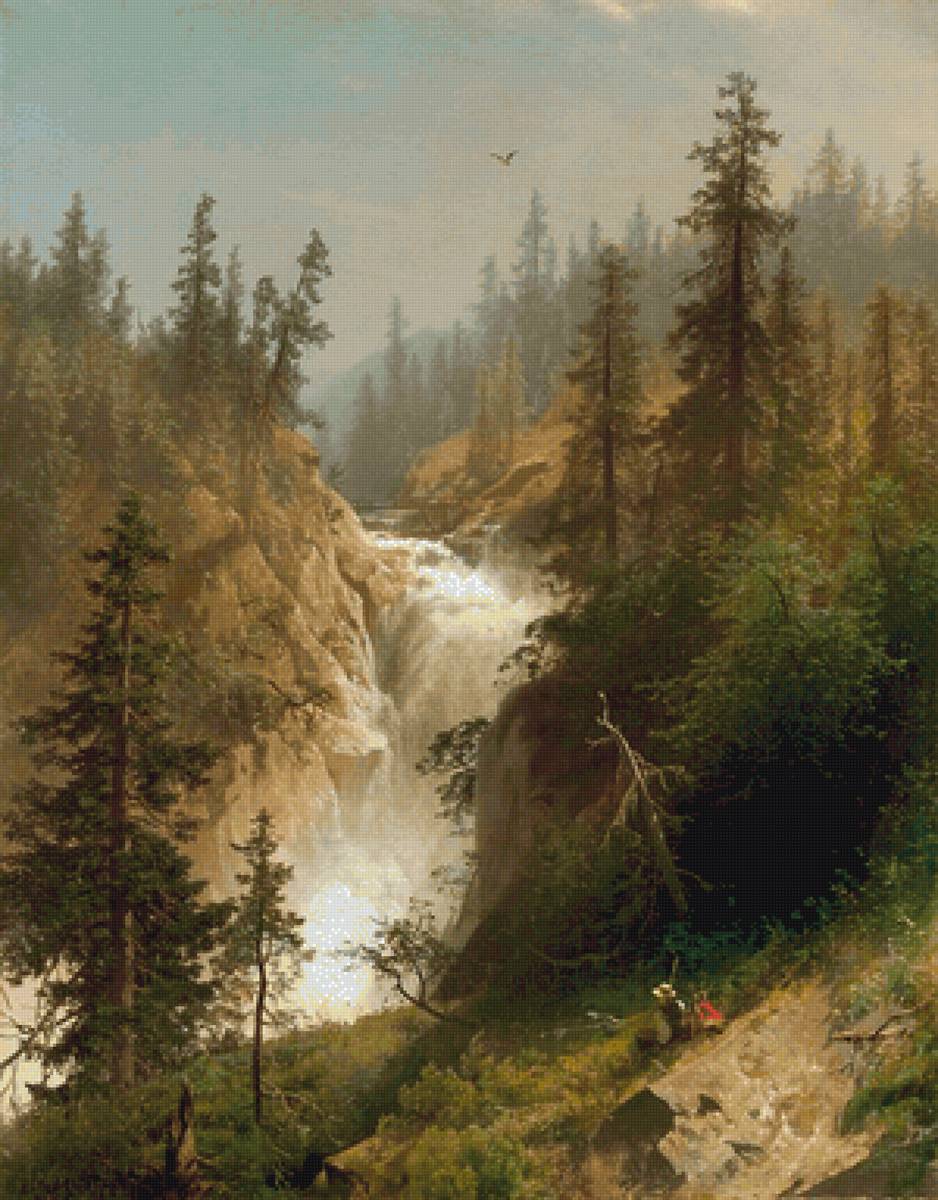 Горная река - лес, живопись, природа, речка, горы - предпросмотр