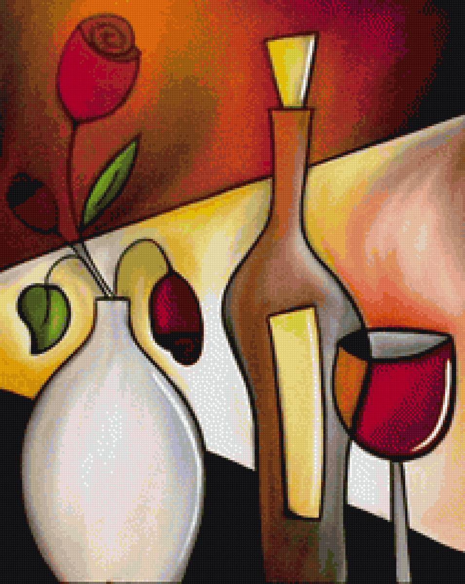 Роза в вазе - бутылка, роза, бокал, натюрморт - предпросмотр