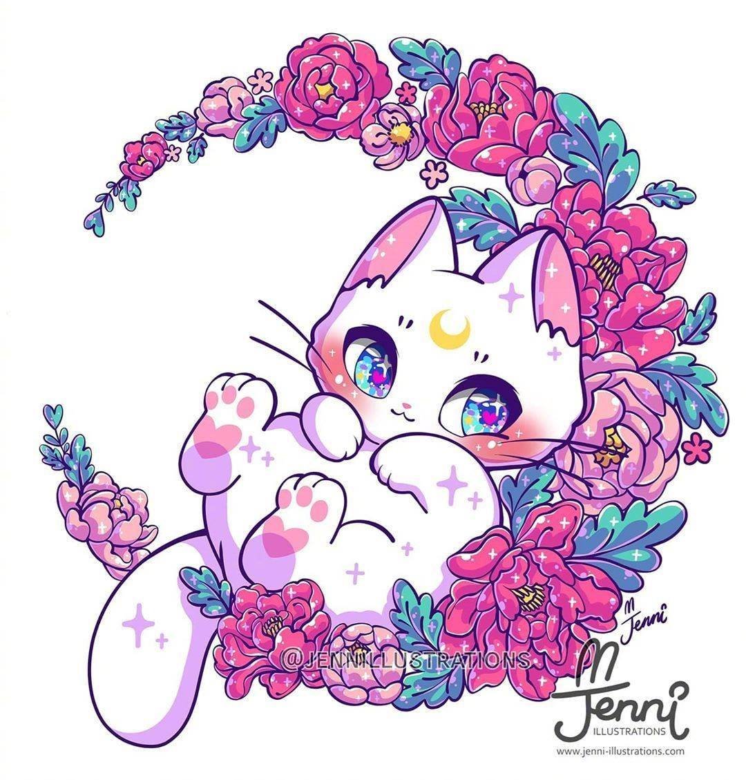 Лунная кошечка 2 - луна, кошечка, цветы - оригинал