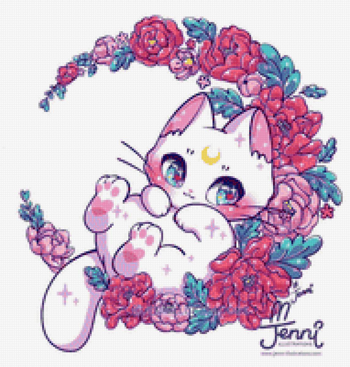 Лунная кошечка 2 - кошечка, цветы, луна - предпросмотр