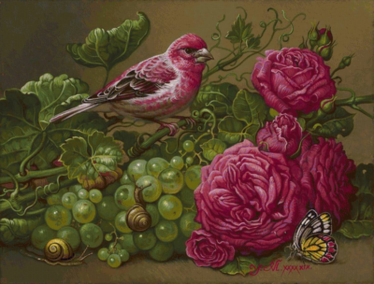 Pássaro e flores e frutas. - flores.frutas., pássaro - предпросмотр