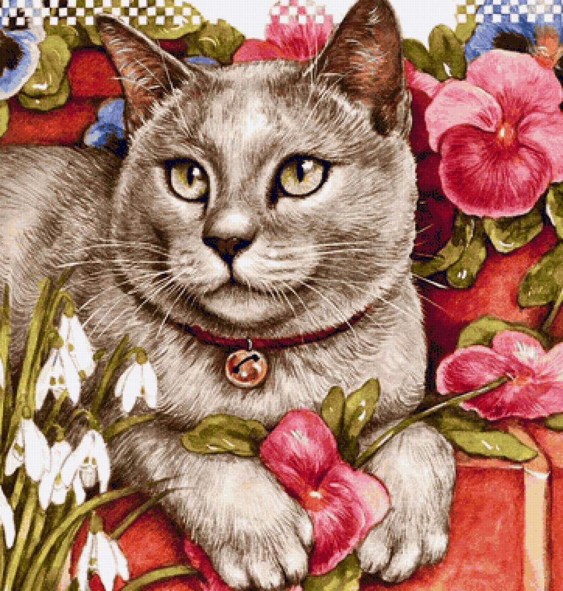 Gato. - animais.pintura.flores. - предпросмотр