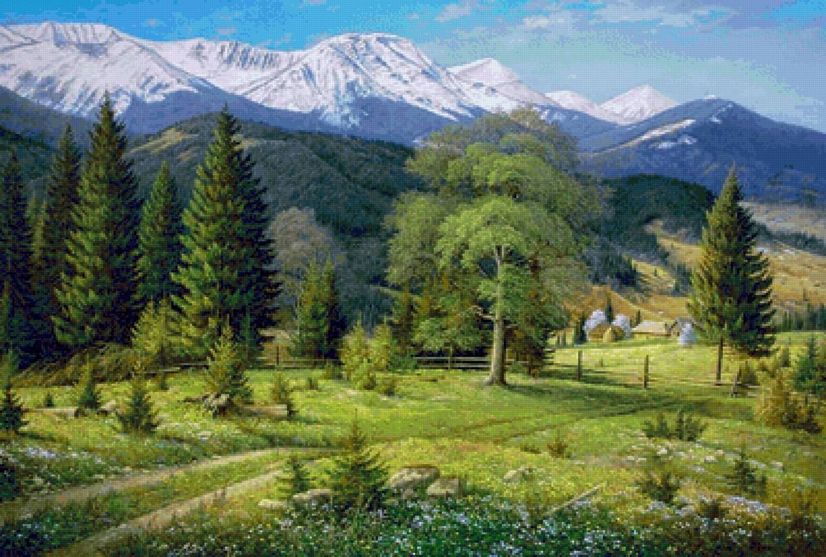 Paisagem. - montanhas.paisagens.floresta.casa. - предпросмотр