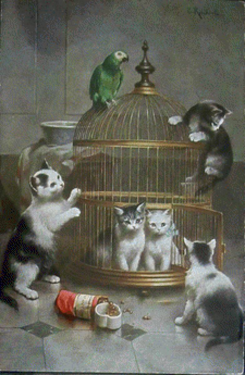 Bird cage - cage, kittens, bird - предпросмотр