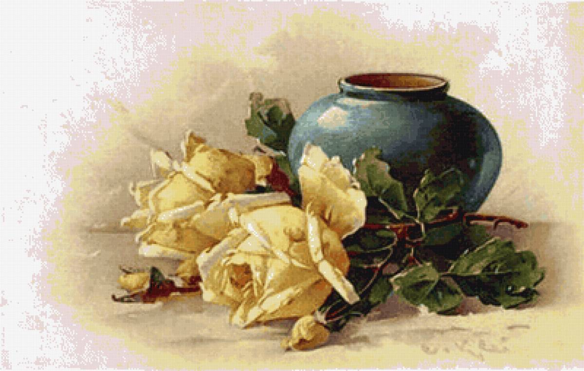 Синяя ваза и розы - предпросмотр