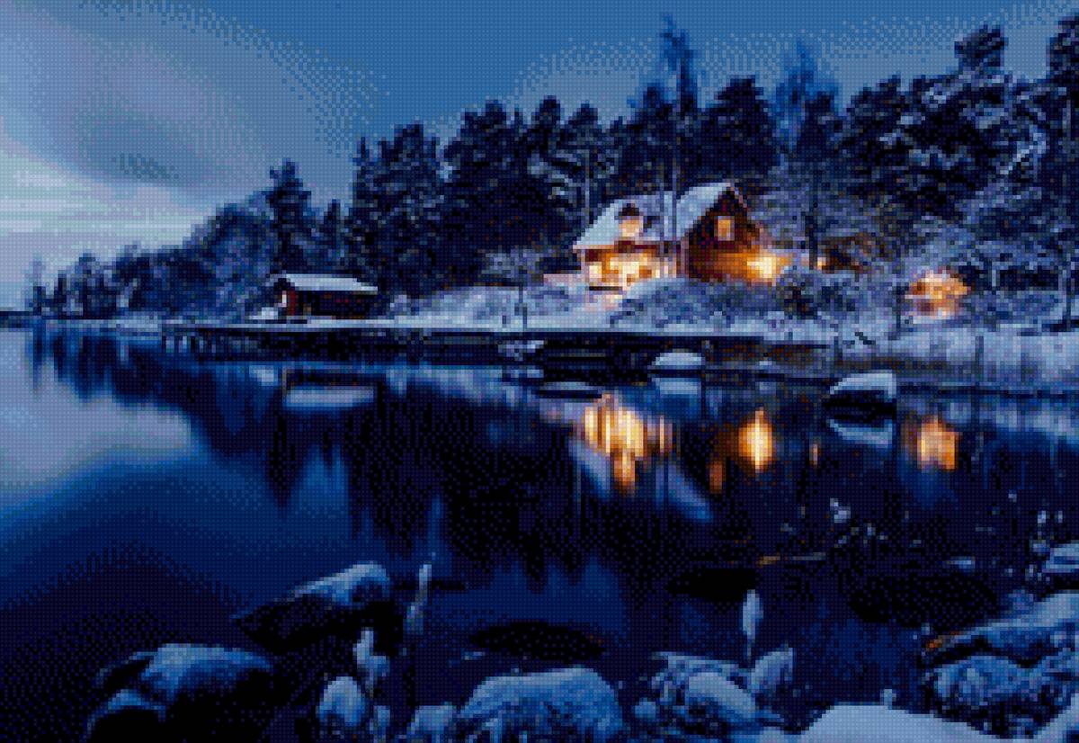 Зимняя ночь - лес, дом, зима, река, ночь - предпросмотр