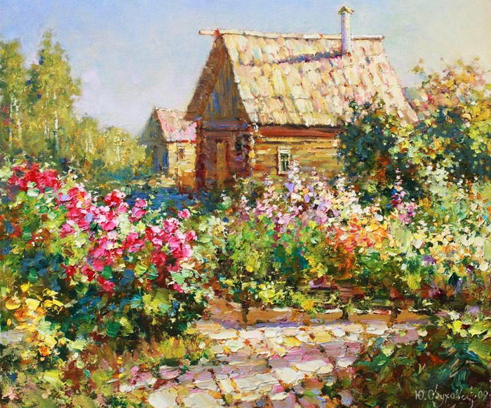 Деревня-1 - домик, пейзаж, цветы - оригинал