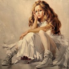 Схема вышивки «Девушка и вишни»