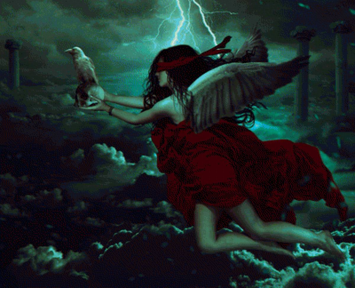 Чистилище - животное, девушка, портрет, облака, ворона, фэнтези, природа - предпросмотр