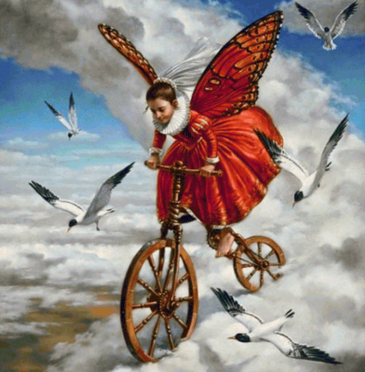 Приключение в пушистом сне - велосипед, девочка, облака - предпросмотр