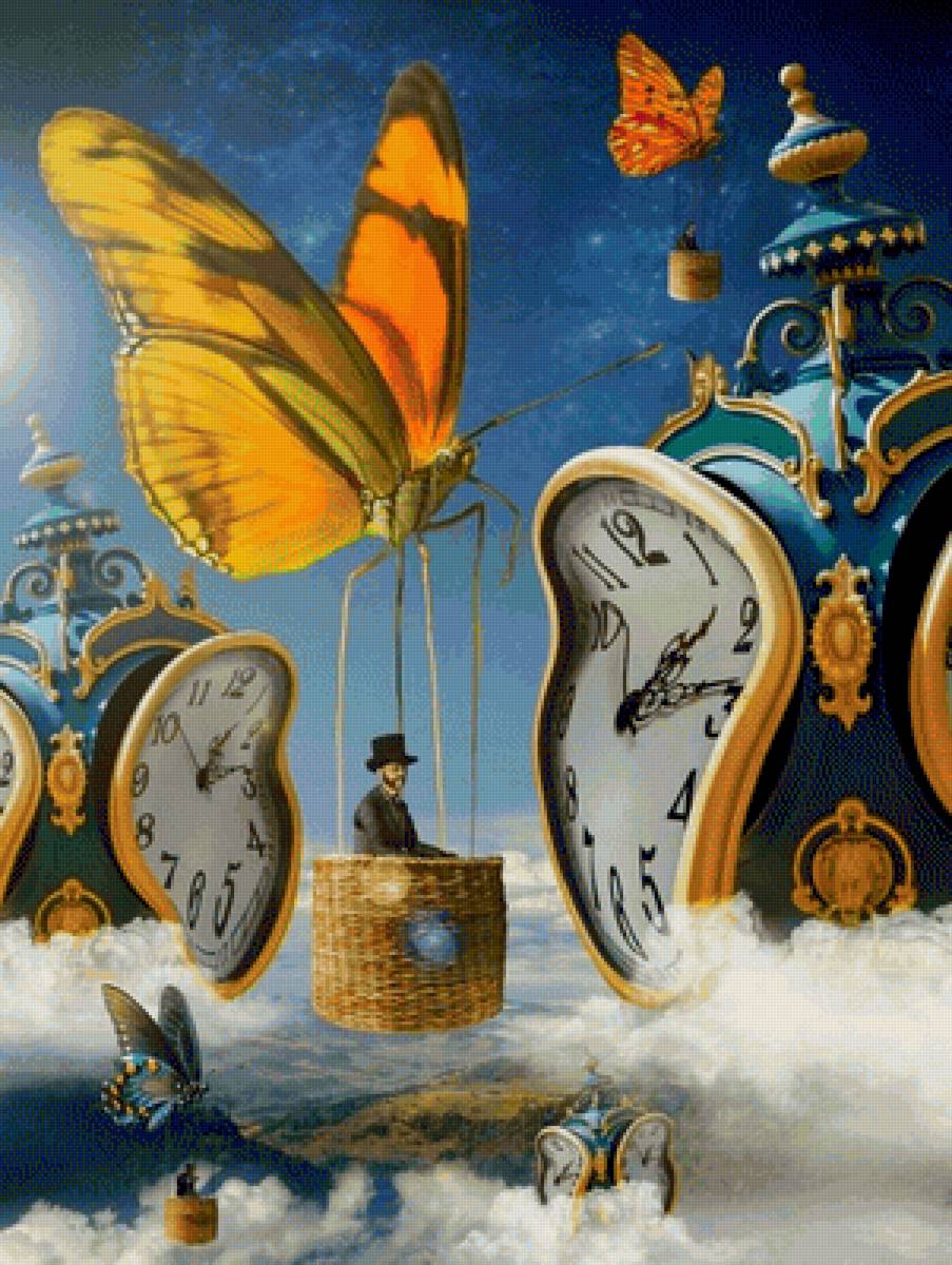Потерянное время - воздушный шар, часы, бабочка - предпросмотр