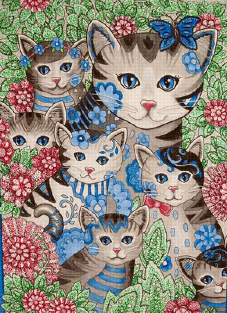Gata com gatinhos. - ilustração., animais .pintura - предпросмотр