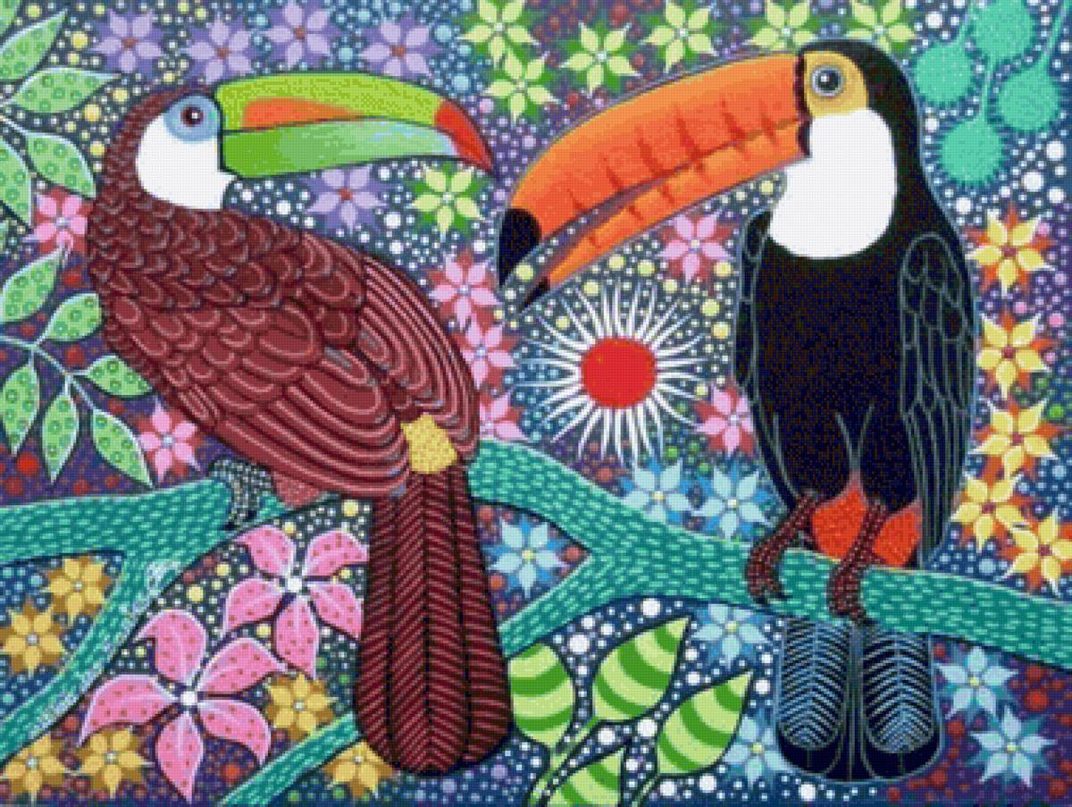 Pássaros . - pássaros. flores .pintura. - предпросмотр