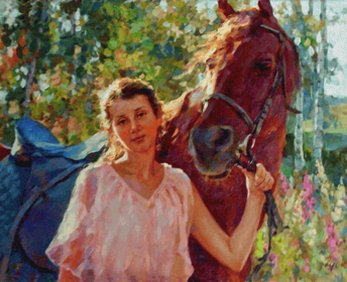 Девушка - живопись, картина, девушка, лошадь - предпросмотр