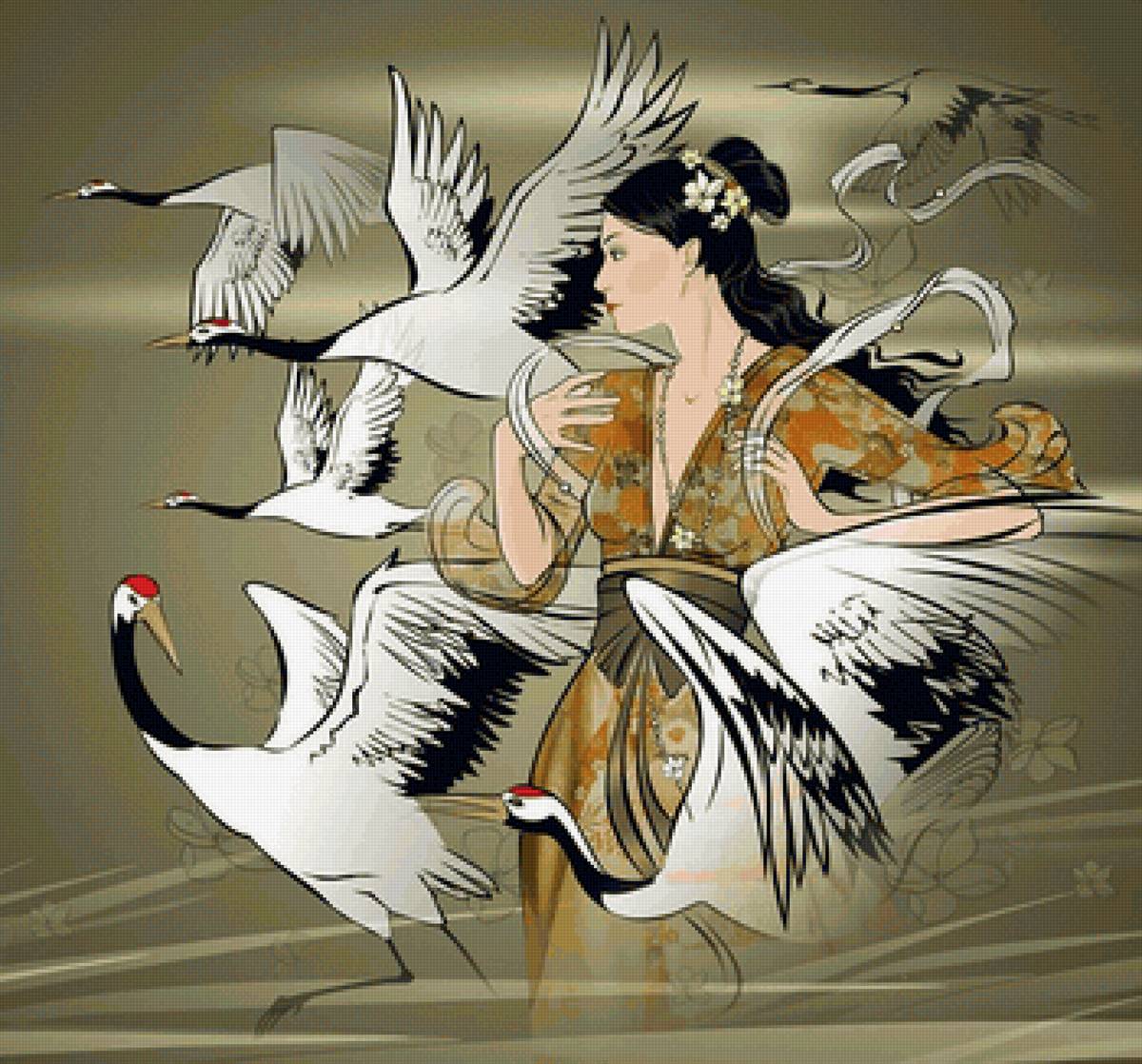 Девушка и журавли - женщина, японка, журавли, птицы, девушка - предпросмотр