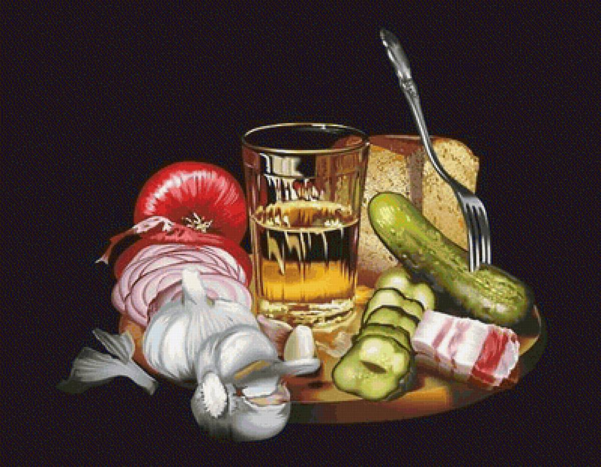 "Мужской натюрморт" 2 художник Алексей Оглушевич - живопись, мужчина, натюрморт, сало, огурец, водка - предпросмотр