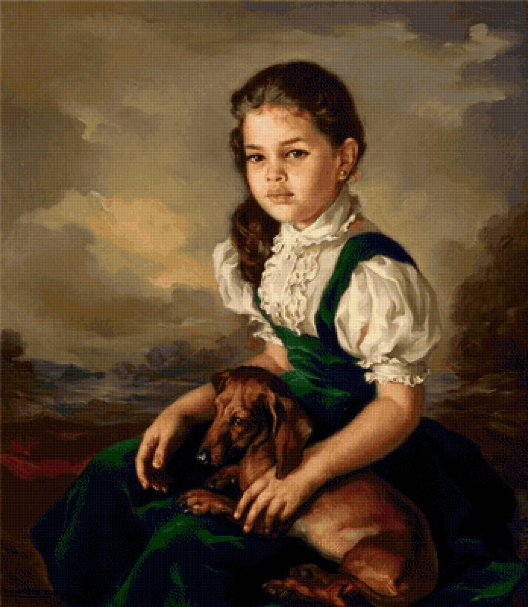 девочка с собакой - художники, живопись, собака, дети - предпросмотр