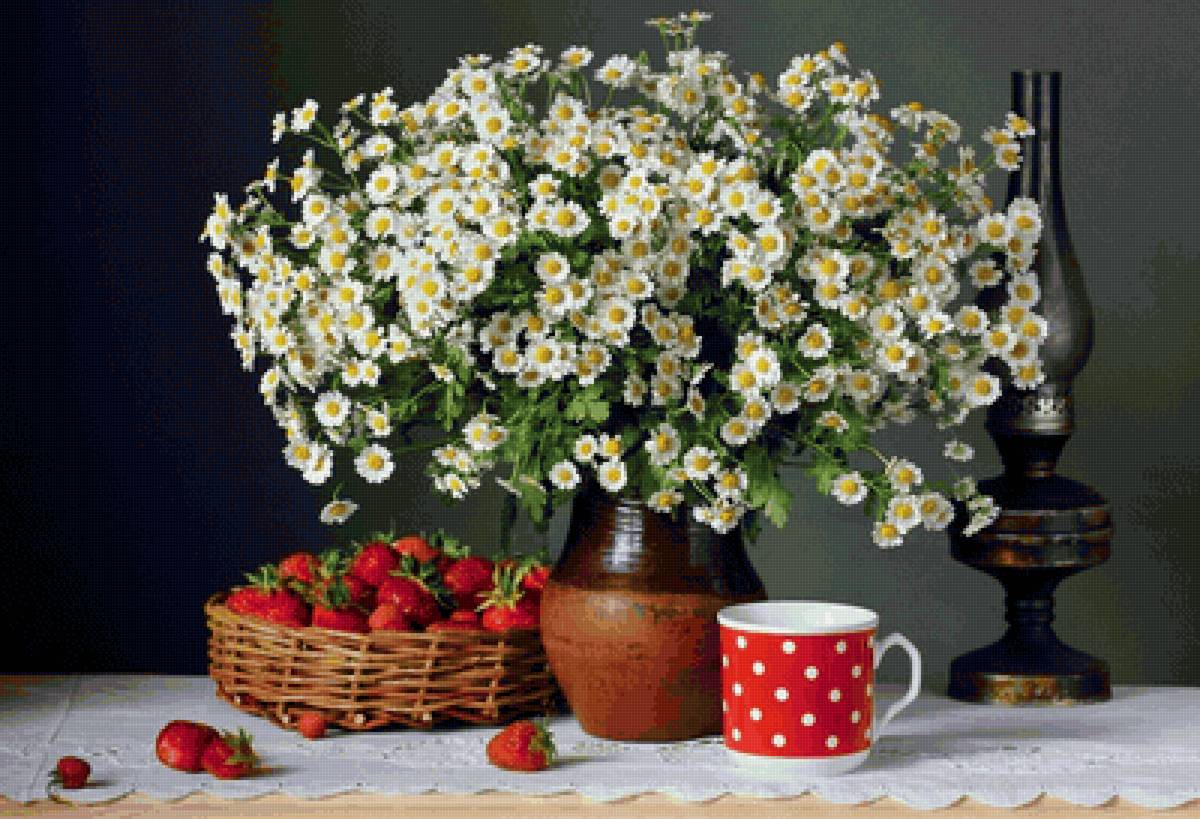 Boque de camomila e morangos. - flores. frutas . - предпросмотр