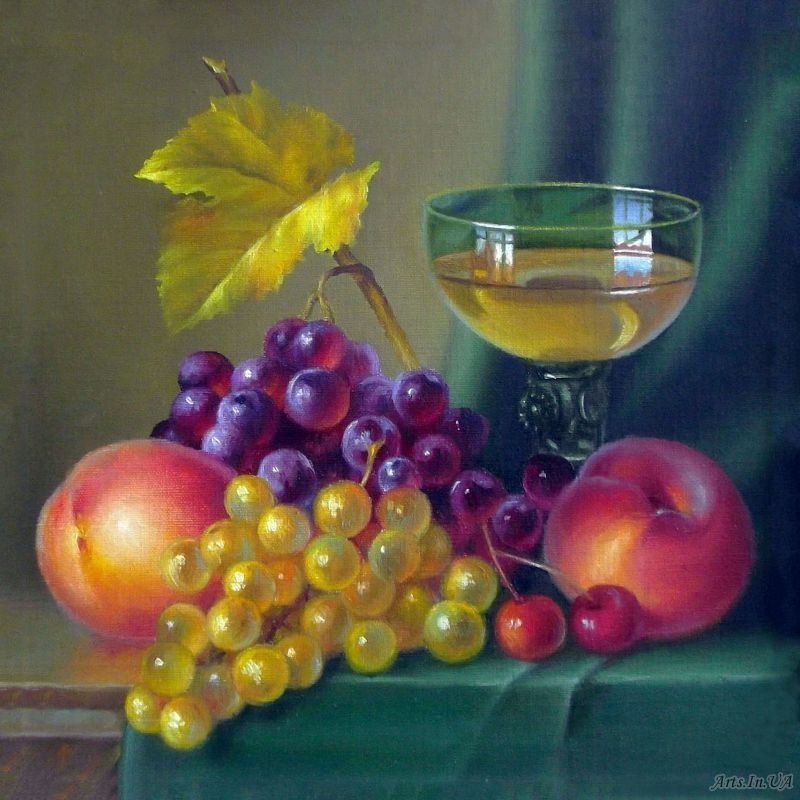 натюрморт с вином и виноградом - натюрморт, бокал, вино, виноград - оригинал