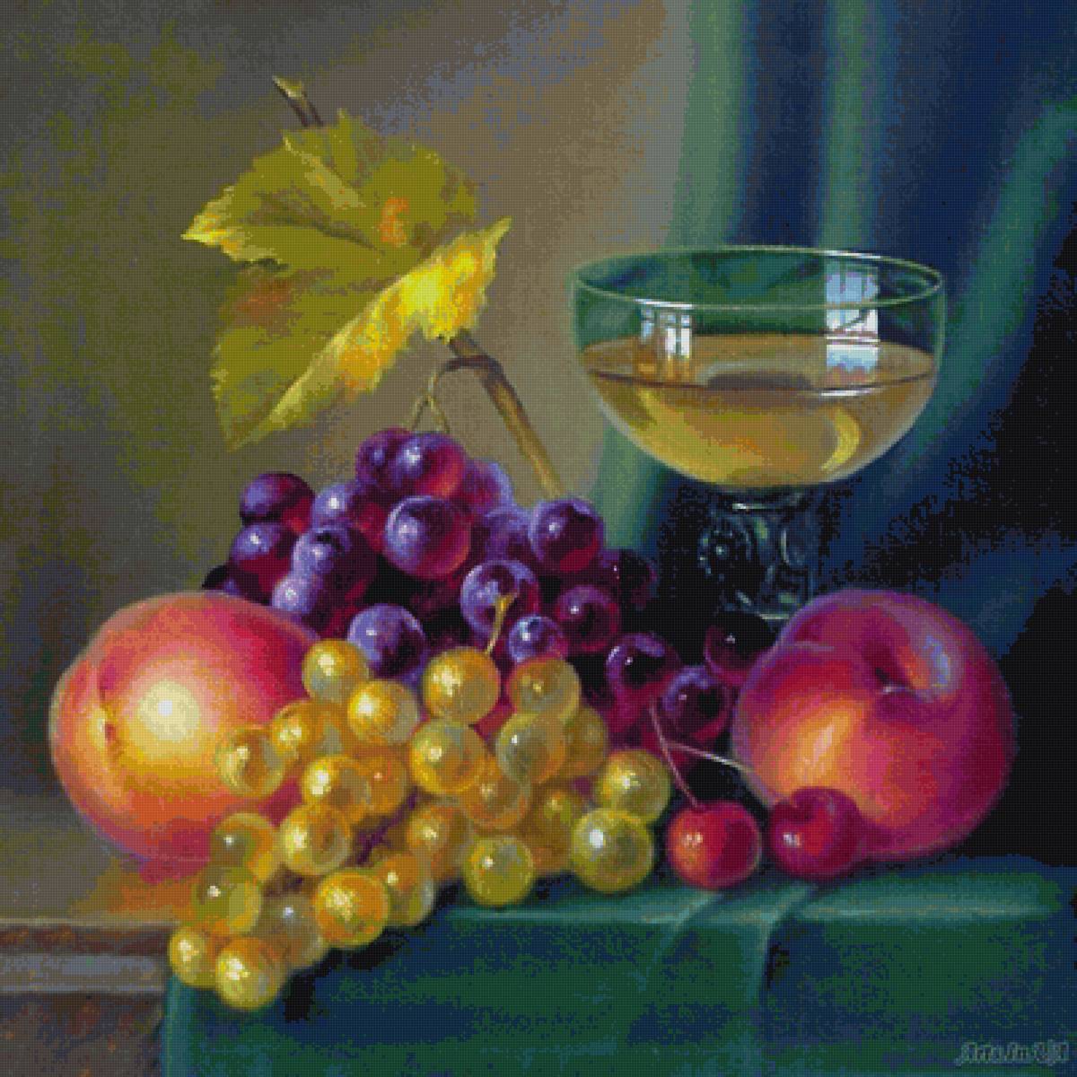 натюрморт с вином и виноградом - натюрморт, бокал, вино, виноград - предпросмотр