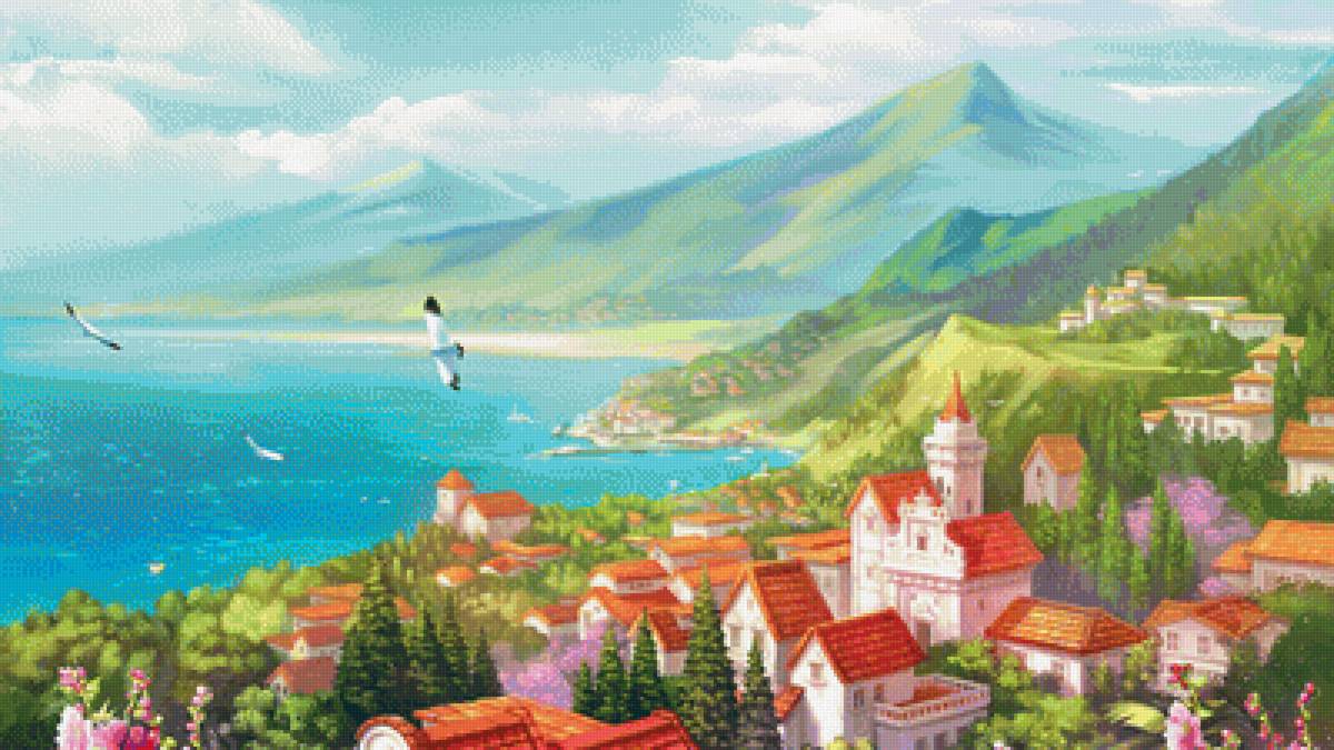 Городок у моря - город, море, деревня, горы - предпросмотр