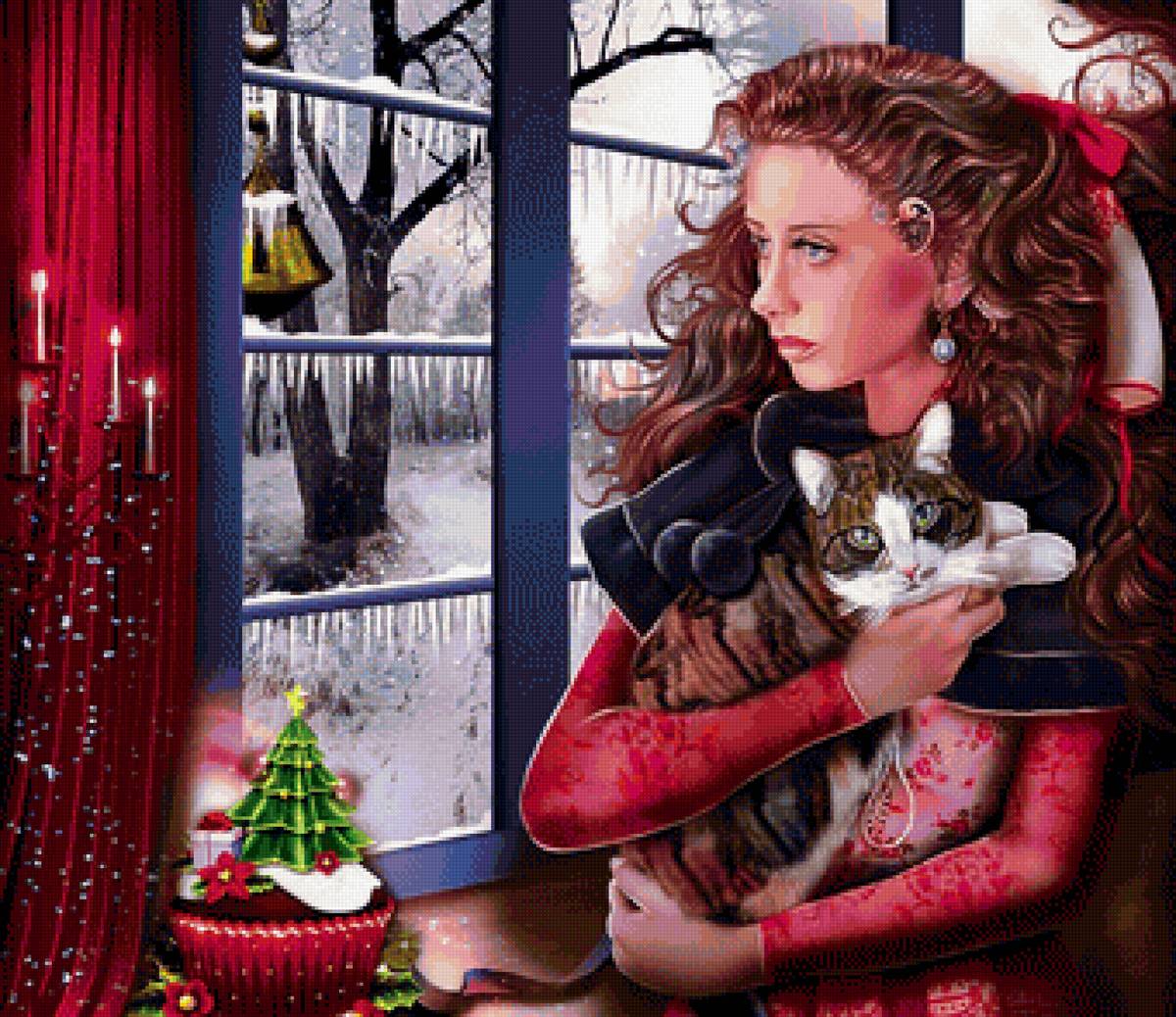 девушка с котом - рождество, кот, девушка - предпросмотр