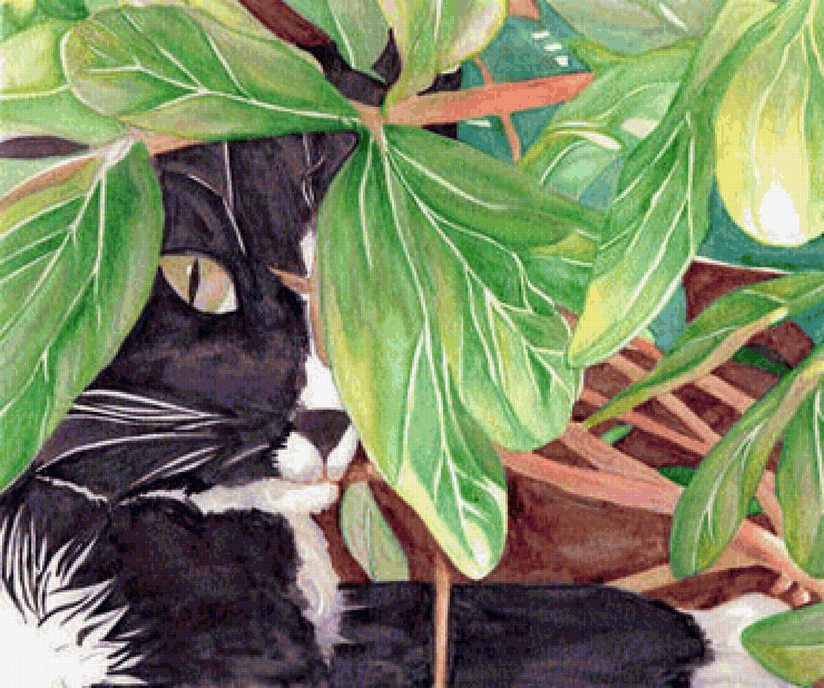 Кот в кустах - живопись, кот, зелень - предпросмотр