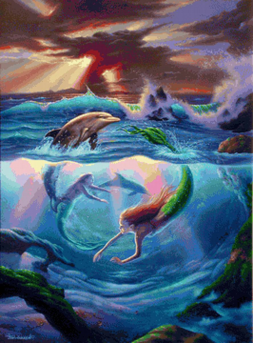 Фэнтези картины Джим Уоррен - дельфины, фэнтези, картина - предпросмотр