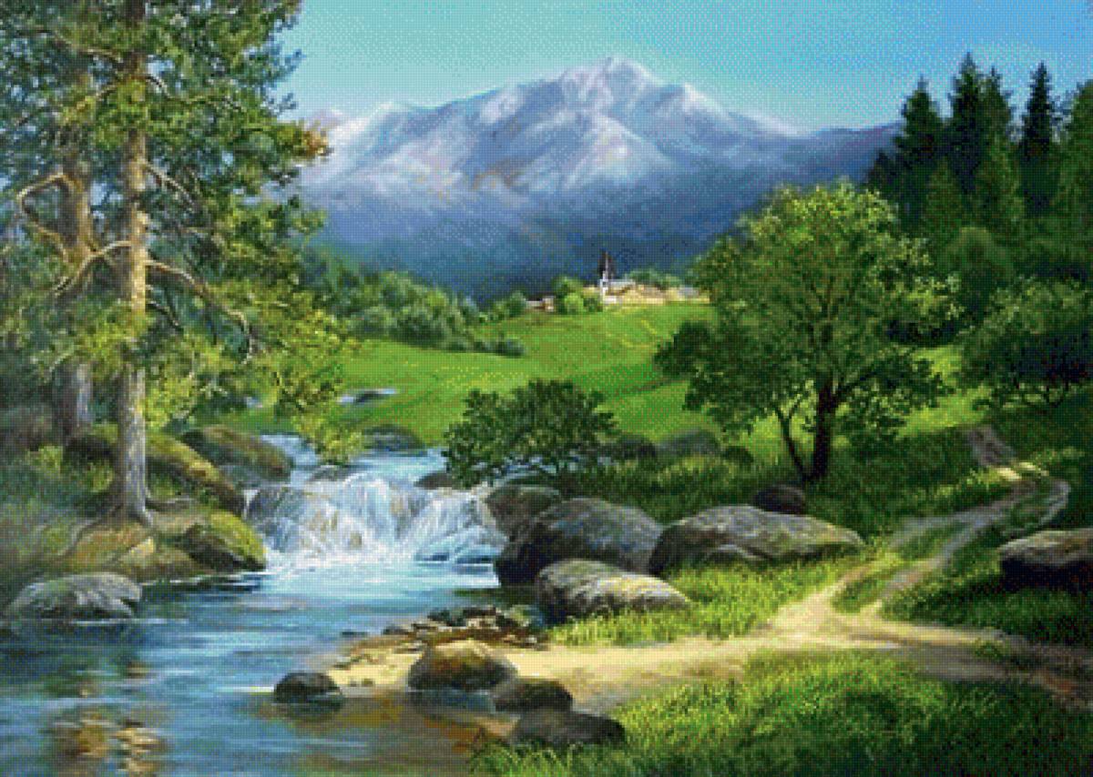 Пейзаж - лето., лес, река, горы, пейзаж - предпросмотр