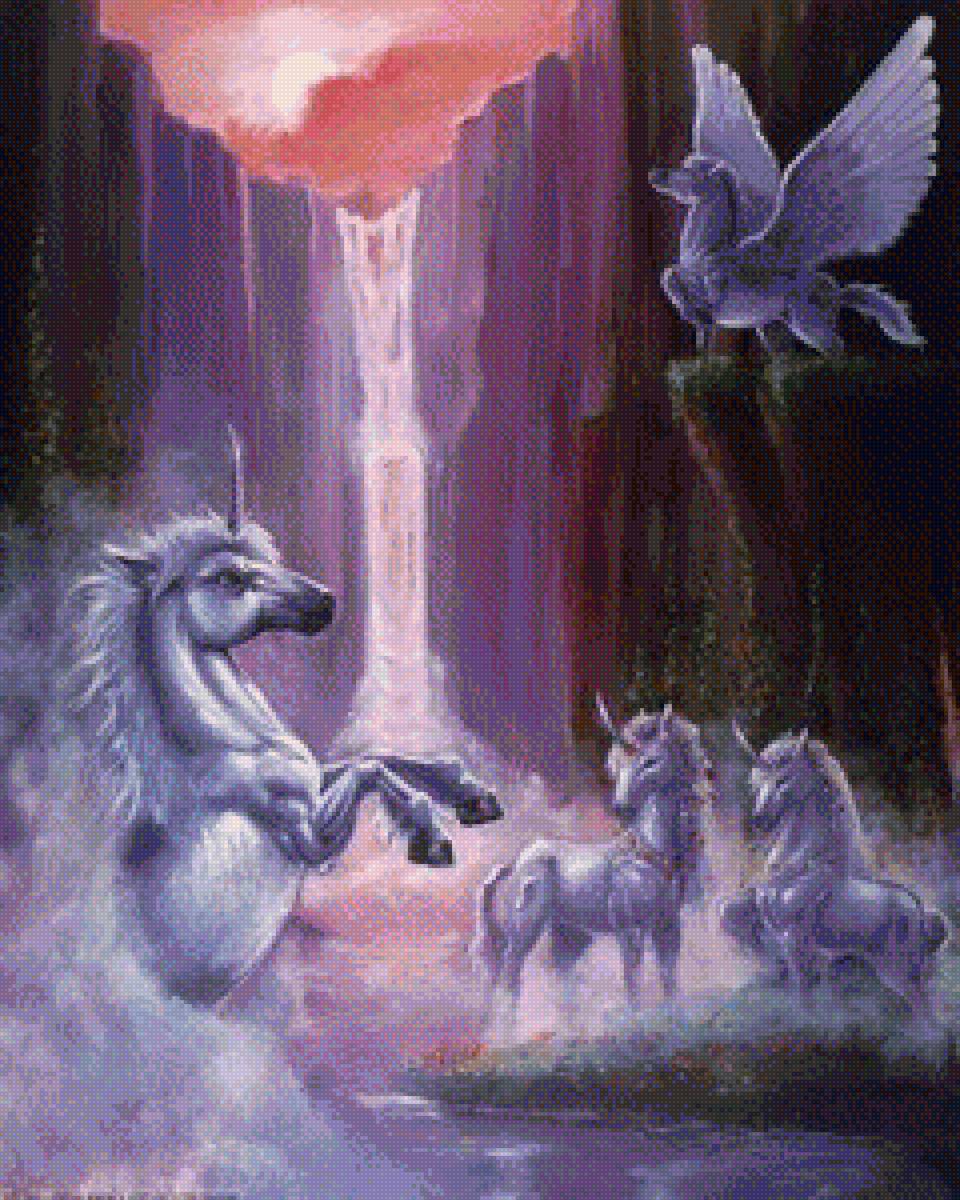 Единорог у водопада - водопад, пегас, единорог - предпросмотр