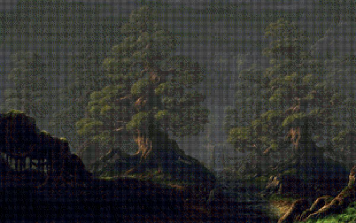 Фэнтези пейзаж - горы, дерево, пейзаж - предпросмотр