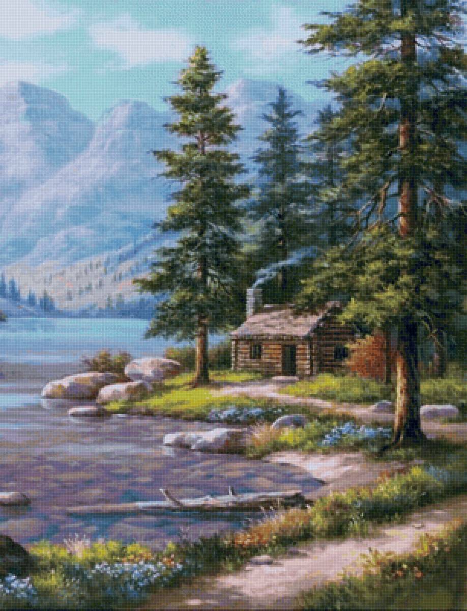 Пейзаж - пейзаж, домик., лес, горы, река - предпросмотр