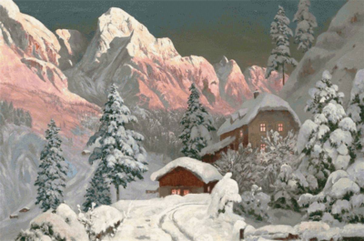 Paisagem de  inverno. - inverno . paisagens .montanhas .casas. - предпросмотр