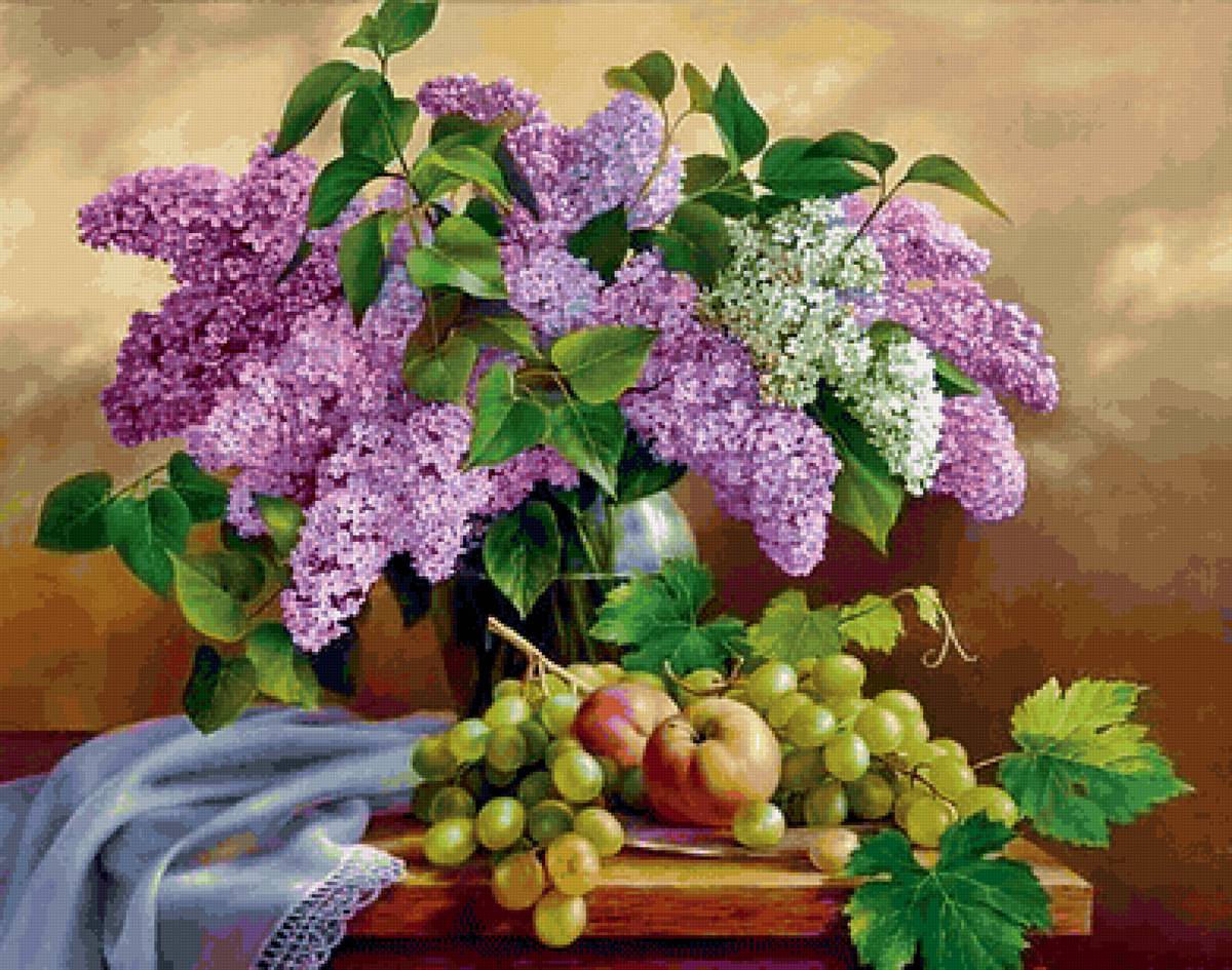 Mesa decorada com  lilás e frutas. - flores. frutas . - предпросмотр