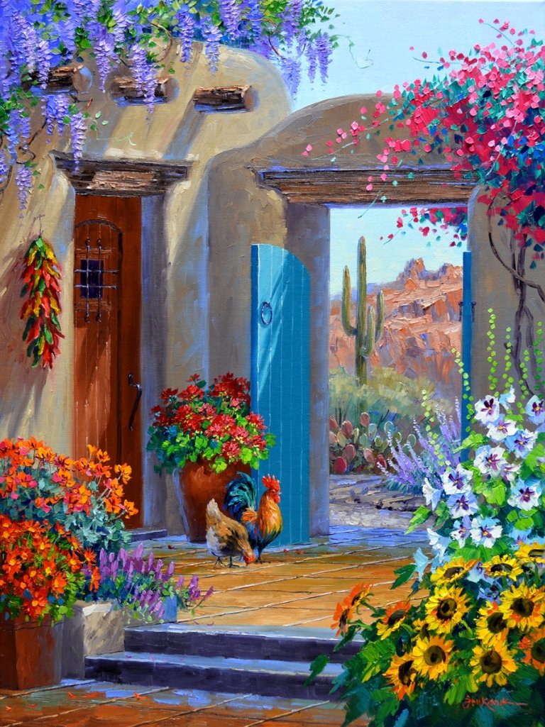 gallo y gallina - paisaje - оригинал