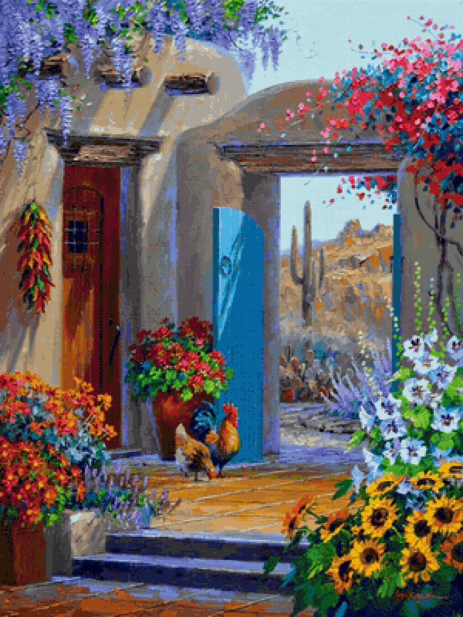 gallo y gallina - paisaje - предпросмотр