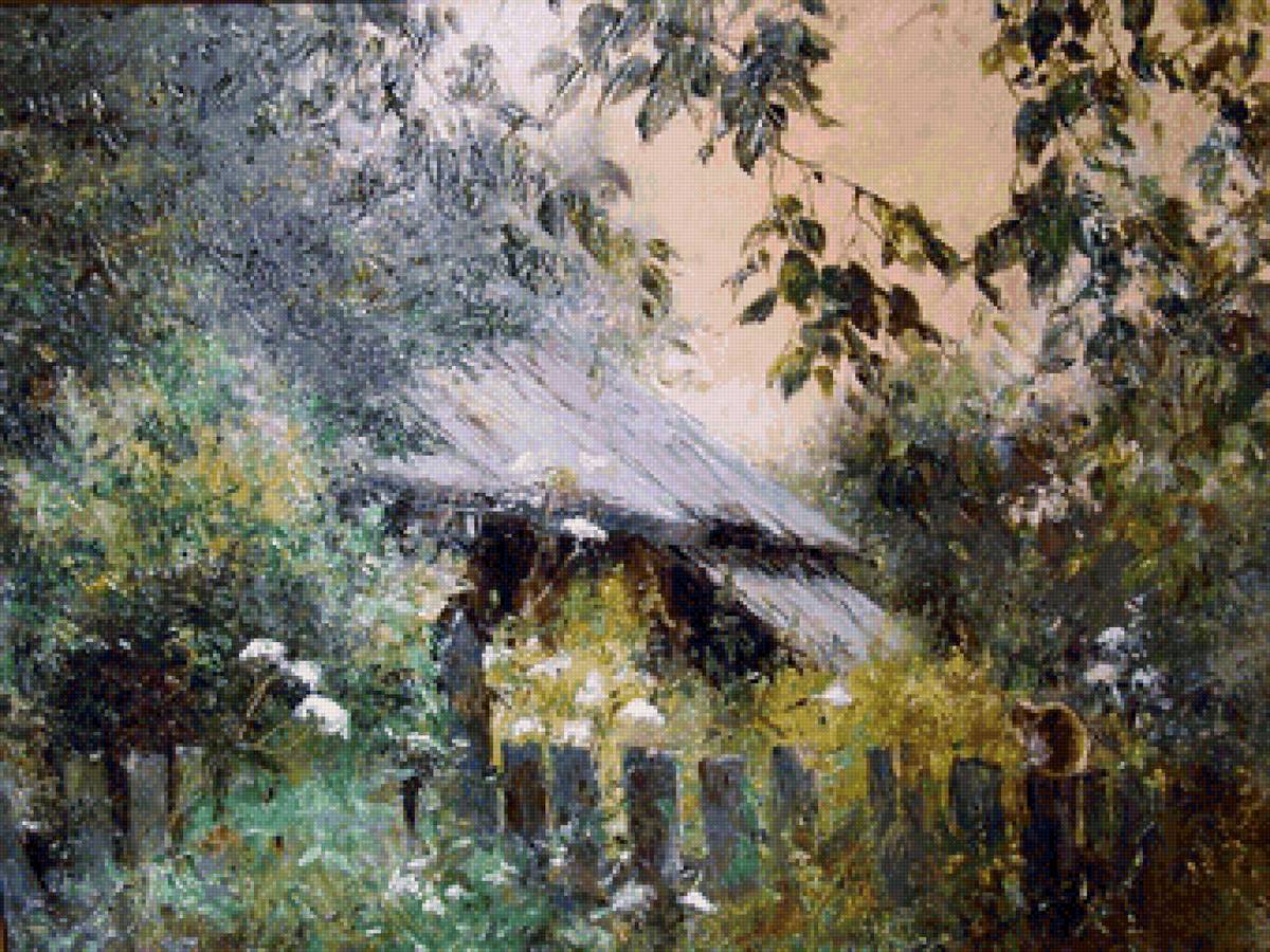 Масляная живопись - деревья, живопись, дом - предпросмотр