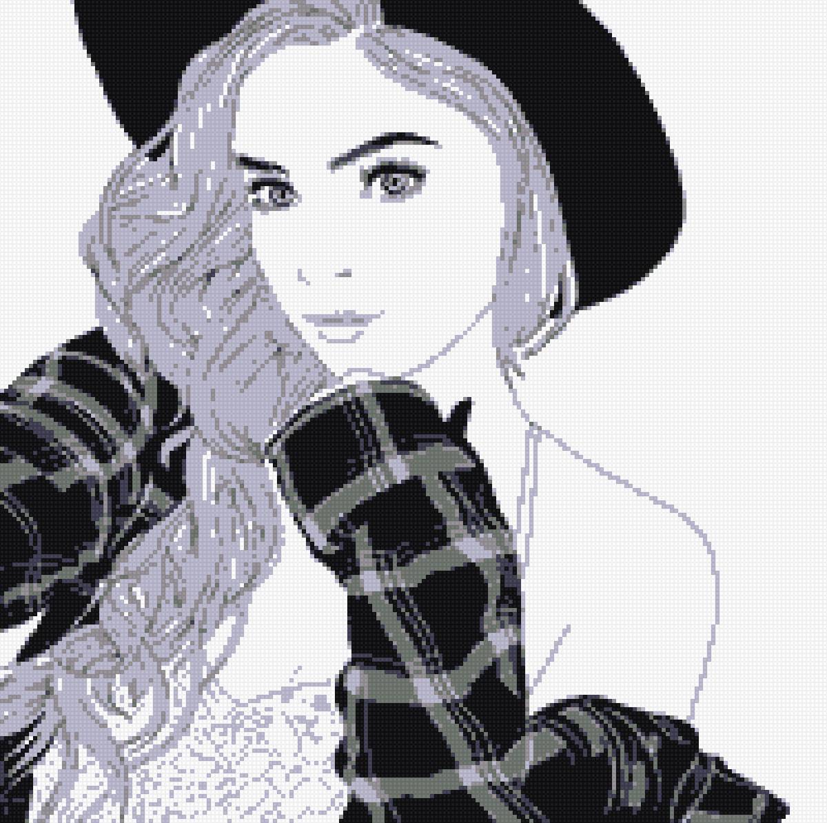 девушка - рисунок, контурная вышивка, схема - предпросмотр