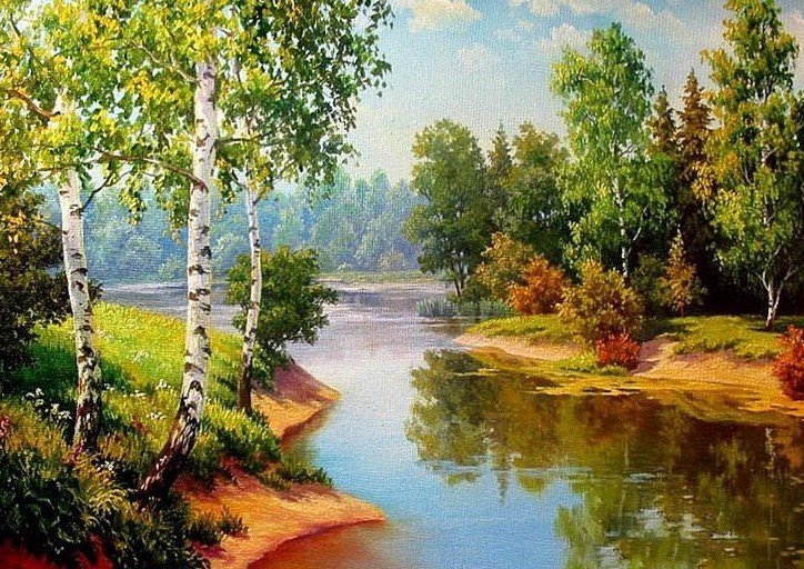 Пейзаж - осень, пейзаж, лес, картина., река - оригинал