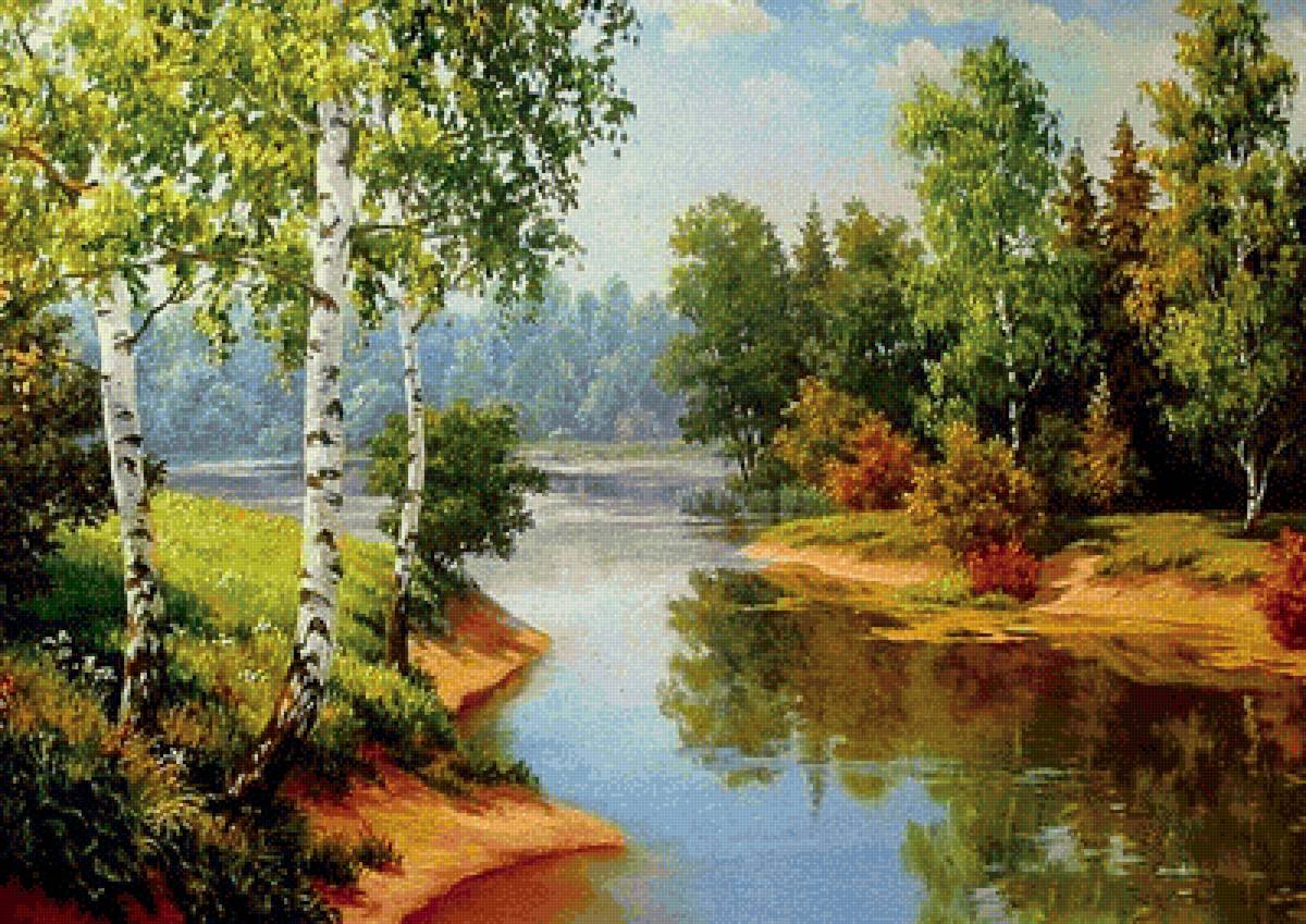 Пейзаж - пейзаж, река, осень, картина., лес - предпросмотр