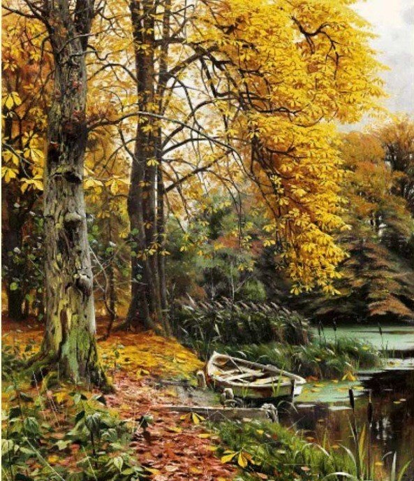 Пейзаж - лес, пейзаж, река, лодка., осень - оригинал