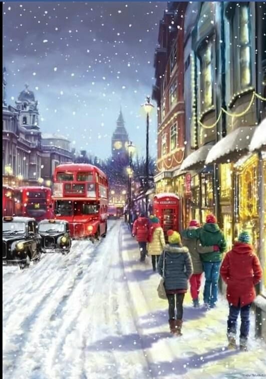 На улице перед Рождеством - люди, улица, автобус, зима, снег - оригинал