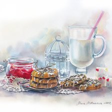 МАРИЯ МИШКАРЕВА. НАТЮРМОРТ С МОЛОКОМ, ПЕЧЕНЬЕМ И БАНКОЙ ВАРЕНЬЯ