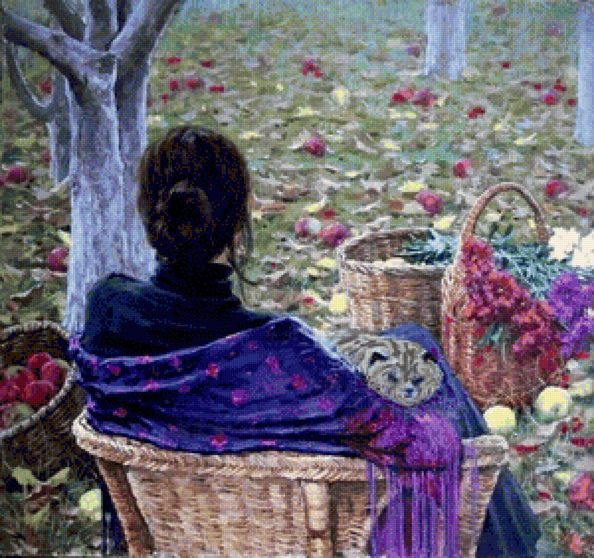 Прощальный взгляд - дама, яблоки, осень, кот, сад, цветы - предпросмотр