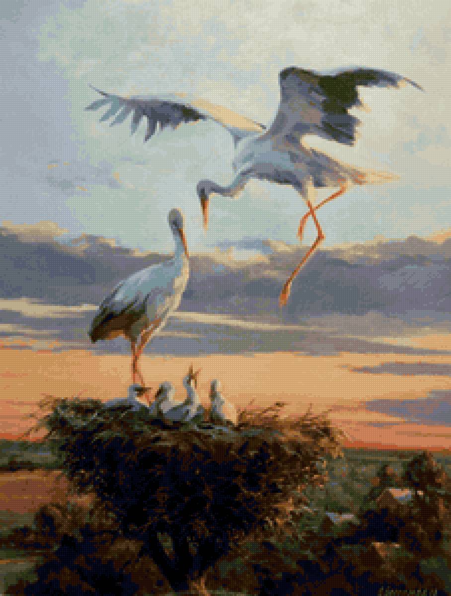 Аисты - картина, птицы, сергей бессонов - предпросмотр