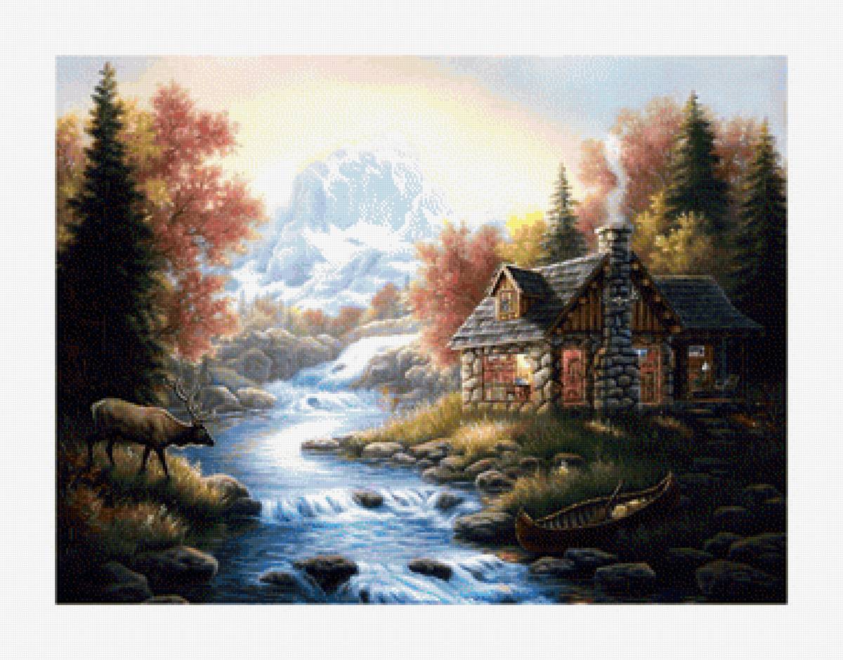 Домик в Лесу - горы, река, природа, лес, пейзаж, кинкейд - предпросмотр